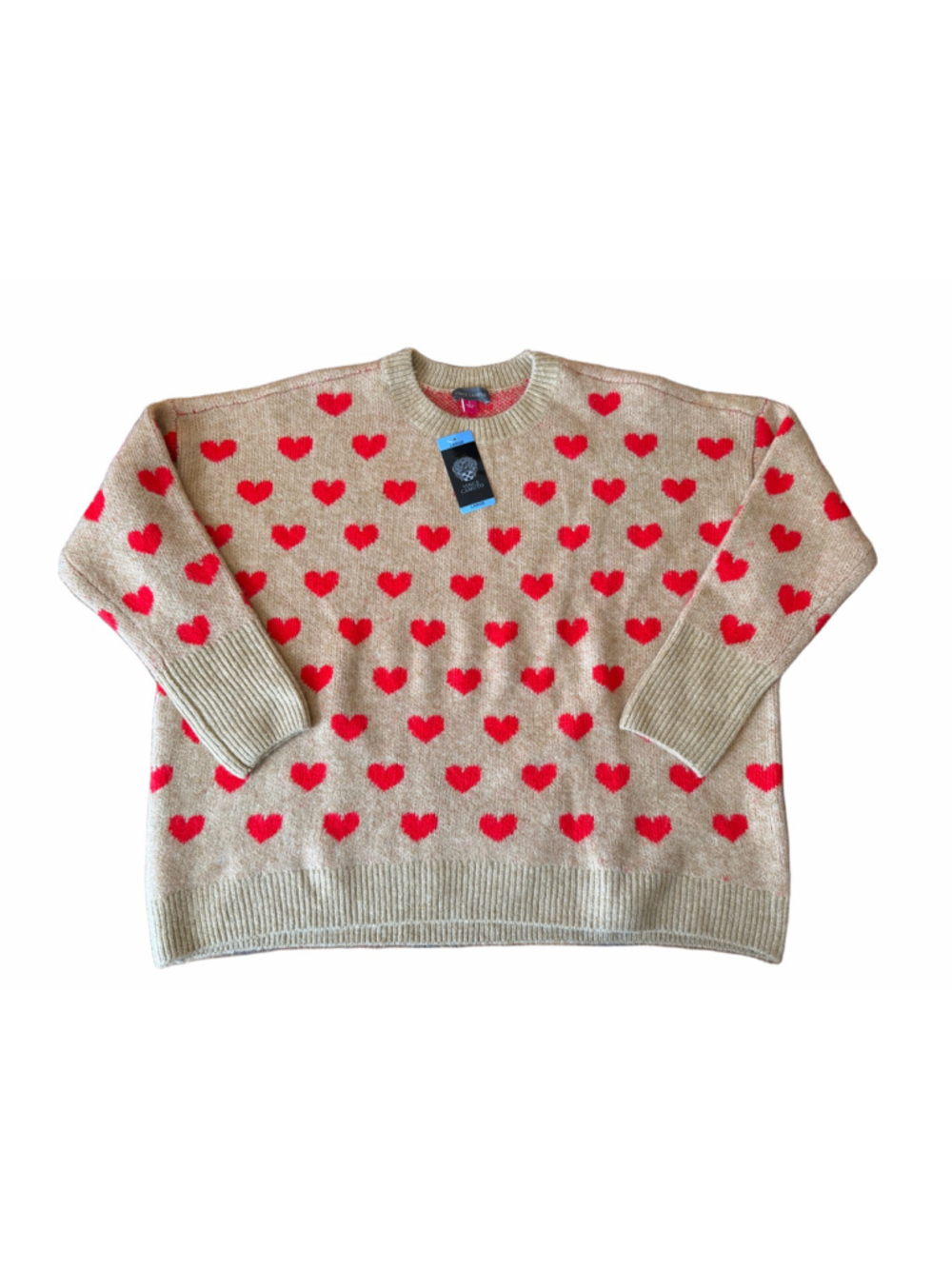 Vince Camuto NWT Heart Print Crew Neck Sweater Beige Red Size L